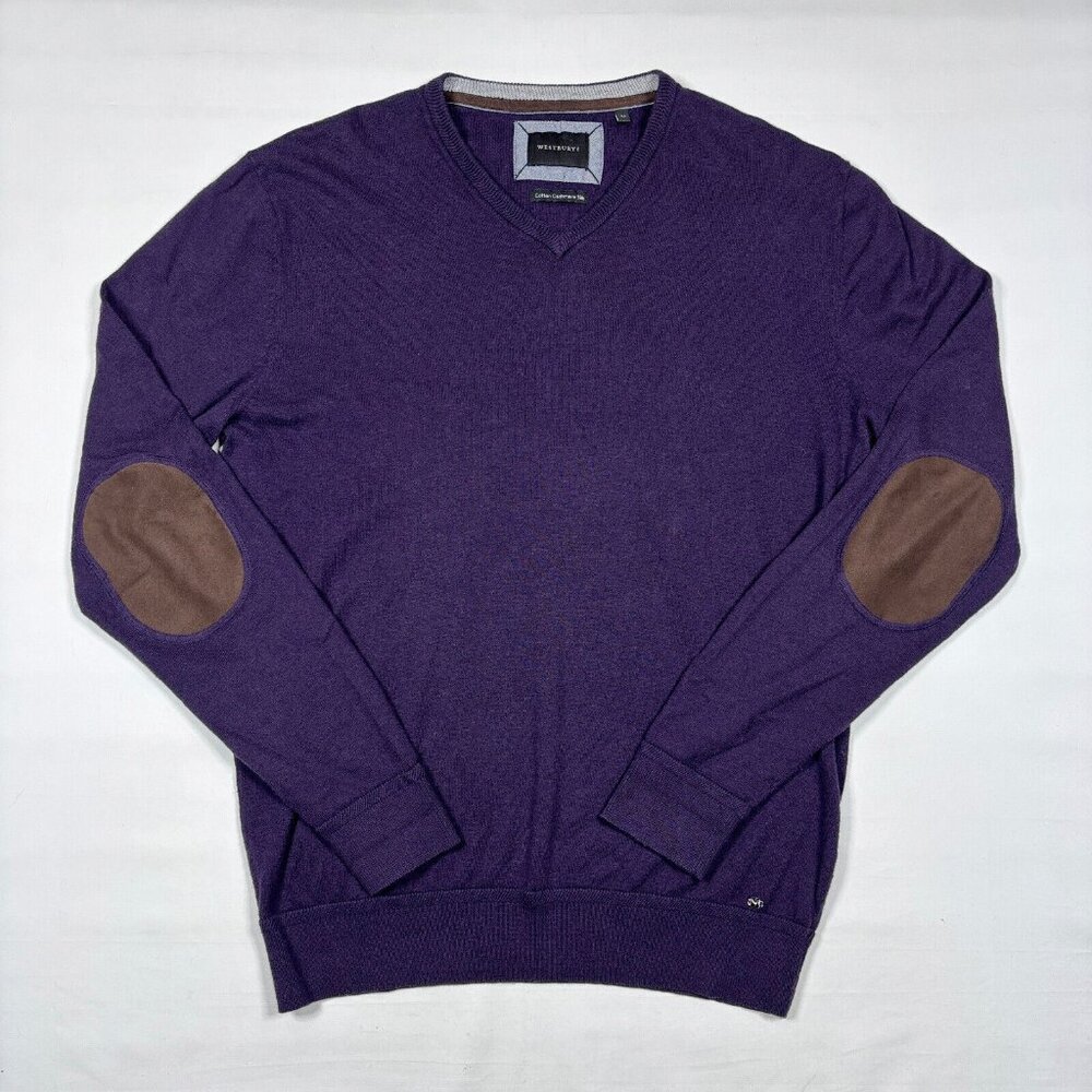 Westbury Cotton Cashmere Silk Purple V-Neck Sweater w/ Elbow Patches Mens Med